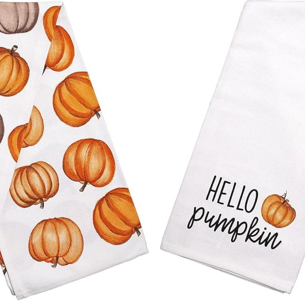 Fall Pumpkin Tea Towels Set of 2, Autumn Kitchen Dish Towels with Hello Pumpkin
